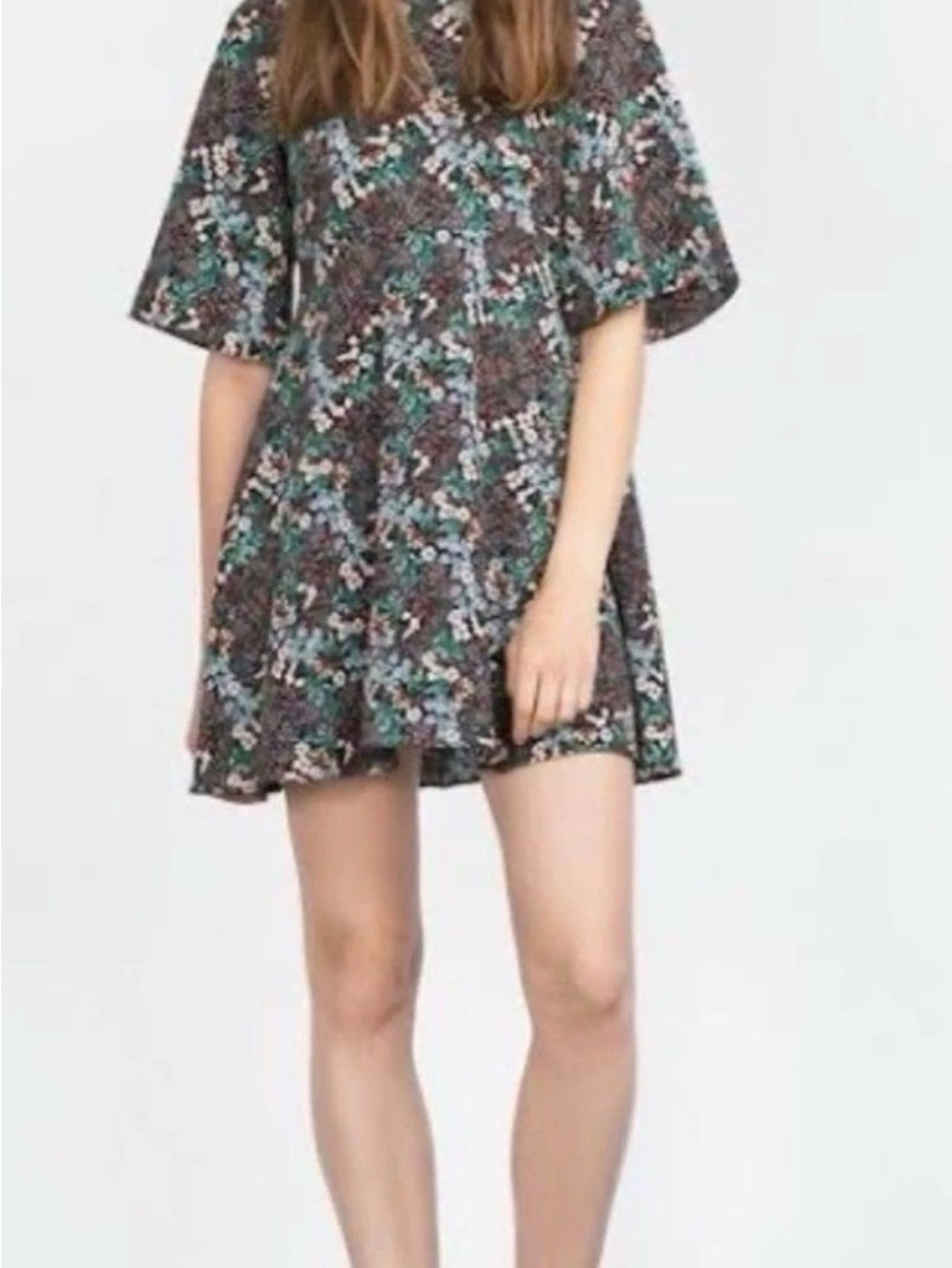 Zara Floral High-Neck Mini Dress in Green and Black